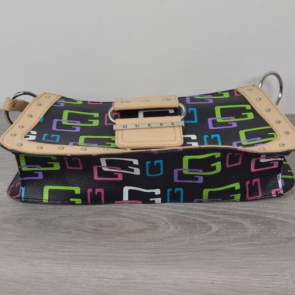 Guess Baguette Shoulder Bag Multicolor G Logo Black Tan Trim Y2K - Picture 4 of 5